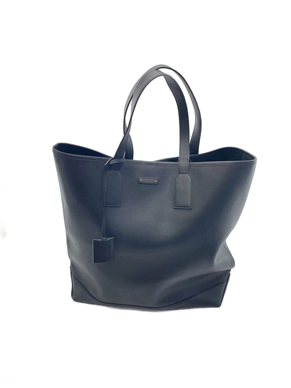 Saint Laurent black leather tote dual top handles hanging leather tag